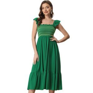 Boho Midi Dress Square Neck Ruffle Tiered Flowy Smocked Sundress Green